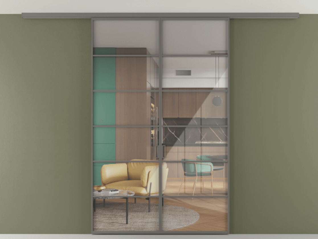 Перегородка Formato вдоль стены на потолок 2 створки АЛПР 040.04 Алюминий классический серый Рефлективное прозрачное стекло "Stopsol", калёное Цена 1629140 ₸ | Volhovec