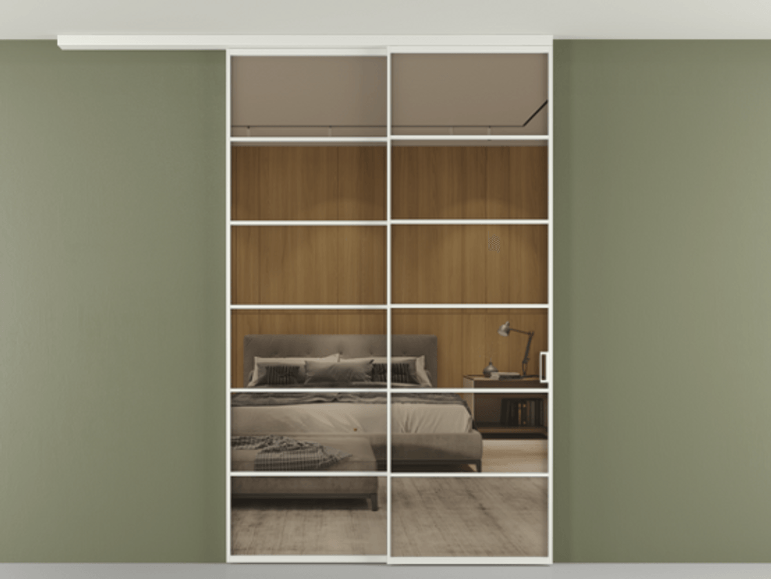 Перегородка Формато вдоль стены на потолок 2 створки с синхронным механизмом АЛПР 040.04 Алюминий светло-серый Рефлективное бронзовое стекло "Стопсол", калёное Цена 2602001 ₸ | Volhovec