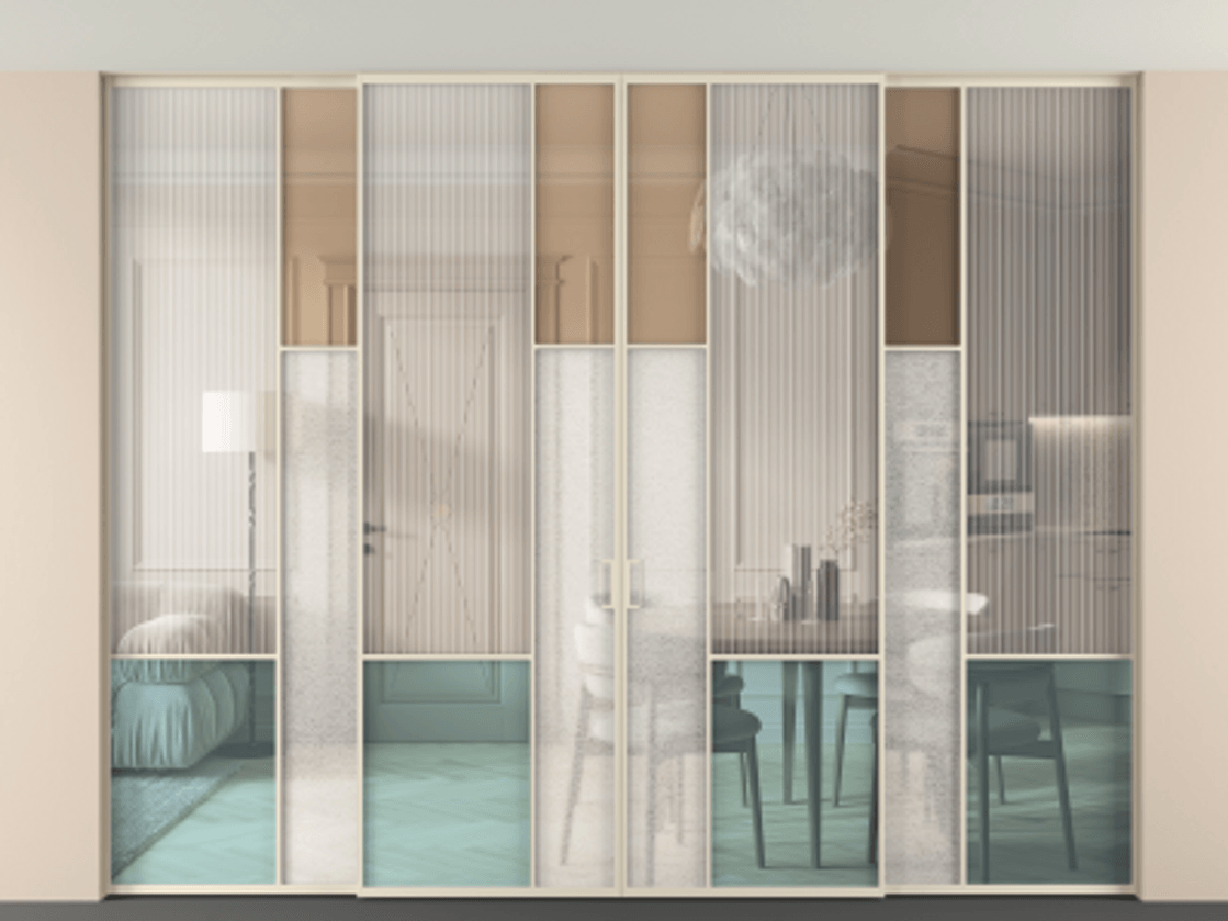 Перегородка Mosaic внутри проёма четырёхстворчатая со скрытым креплением в потолок АЛПР 041.13 Алюминий бежево-серый Комбинация стекол Группы 1 и Группы 3 Цена 3851700 ₸ | Volhovec