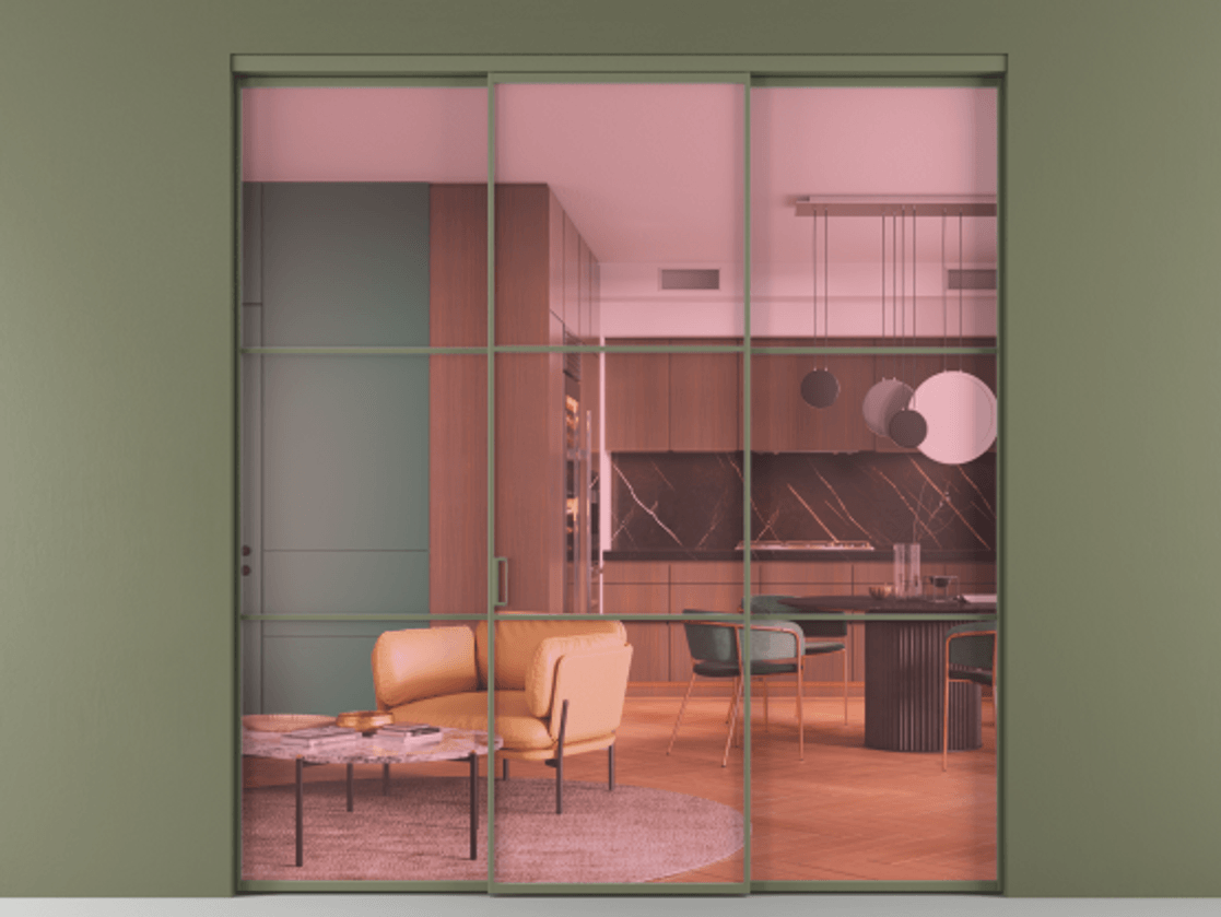 Перегородка Формато внутри проёма 3 створки АЛПР 040.03 Алюминий оливковый тёмный Прозрачное розовое стекло, триплекс Цена 1878962 ₸ | Volhovec