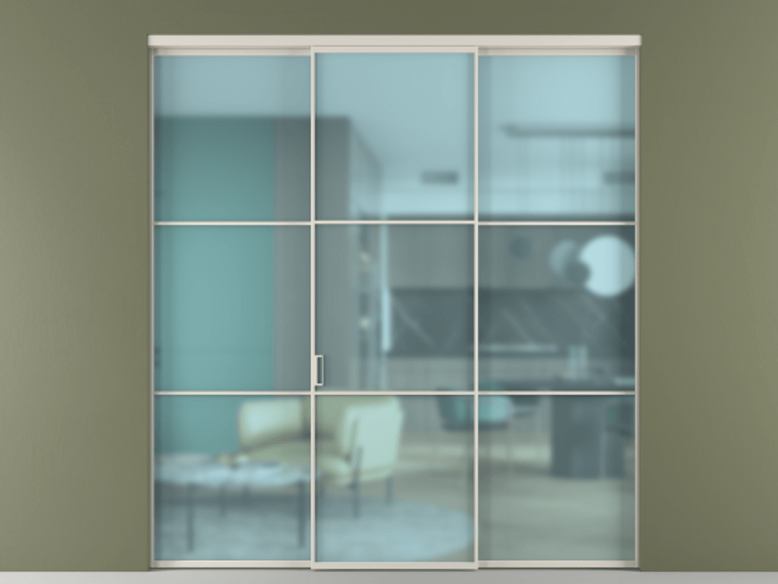 Перегородка Formato внутри проёма 3 створки АЛПР 040.03 Алюминий облачно-серый Сатинированное голубое стекло, триплекс Цена 1550900 ₸ | Volhovec