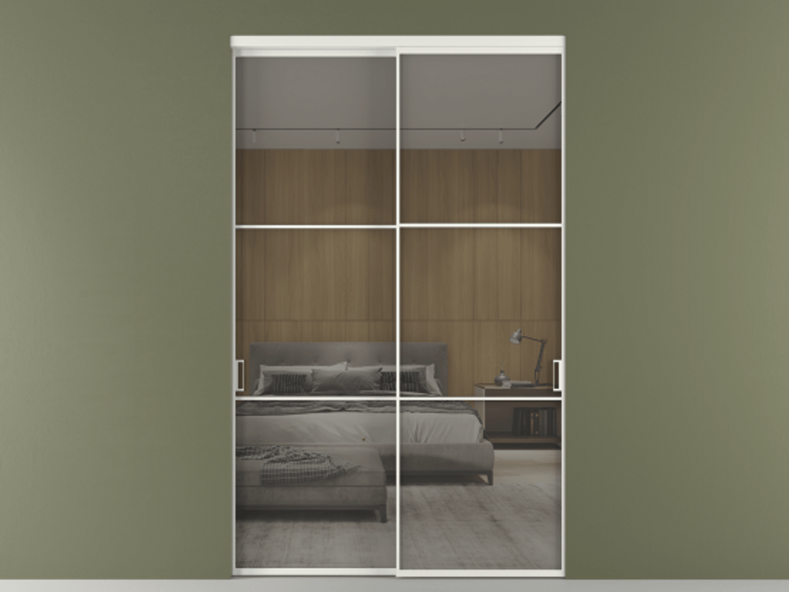 Перегородка Формато внутри проёма 2 створки АЛПР 040.03 Алюминий светло-серый Рефлективное серое стекло "Стопсол", калёное Цена 3615948 ₸  | Volhovec