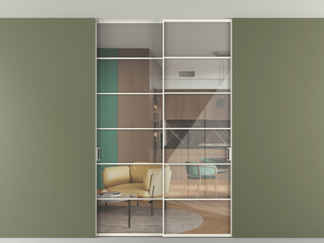 Перегородка Формато внутри проёма скрытое крепление в потолок 2 створки АЛПР 040.04 Алюминий жемчужный Рефлективное прозрачное стекло "Стопсол", калёное. Цена 2439461 ₸ 1. Полотно 2 шт. (800/2100 мм)
2. Комплект установки раздвижной системы
3. Базовый комплект фурнитуры
4. Ручка Рондо. Фабрика дверей Волховец 8 (800) 551 43 19 Перегородка Формато внутри проёма скрытое крепление в потолок 2 створки АЛПР 040.04 Алюминий жемчужный Рефлективное прозрачное стекло "Стопсол", калёное Цена 2439461 ₸ | Volhovec