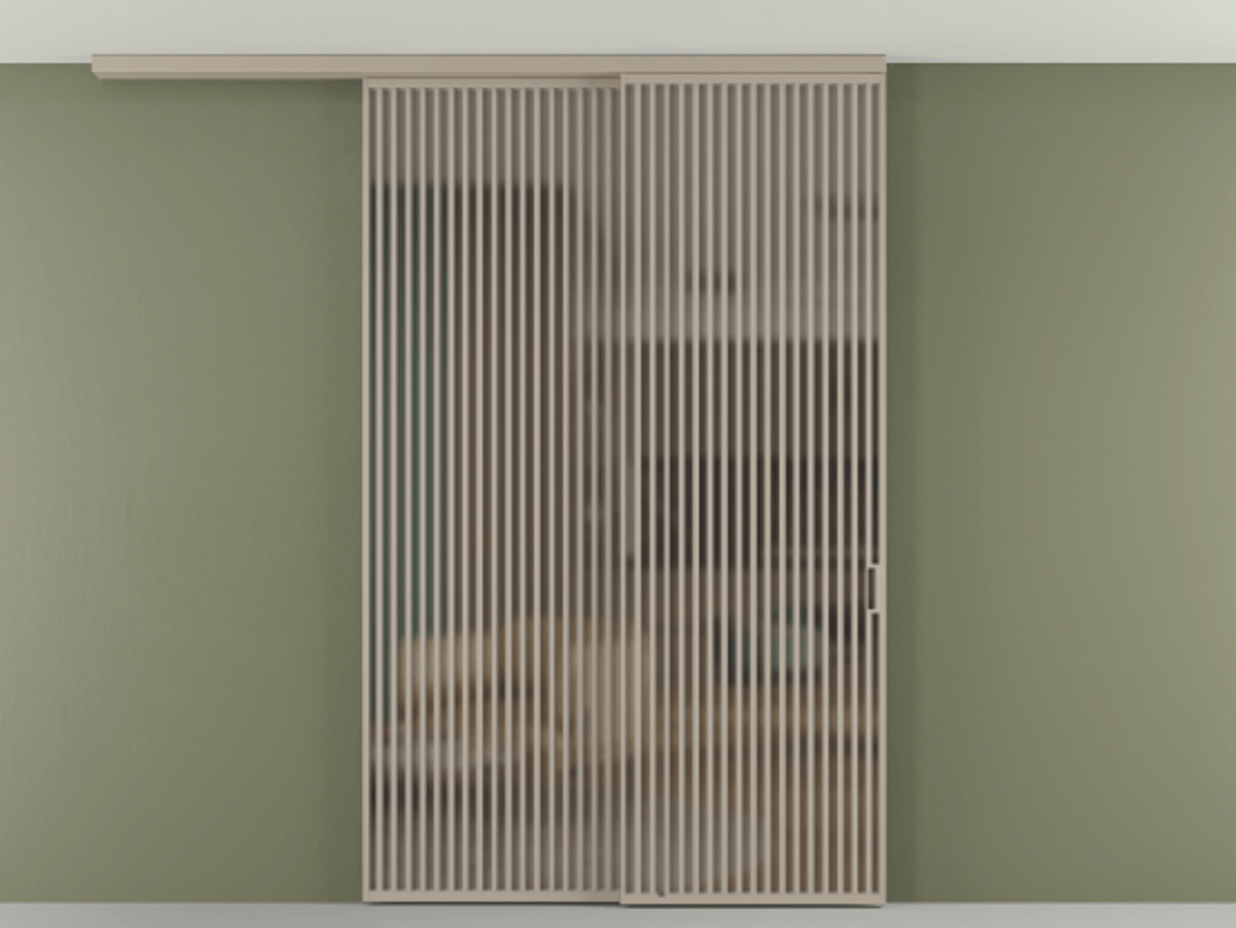 Перегородка Формато вдоль стены на потолок 2 створки с синхронным механизмом АЛПР 040.06 Алюминий бисквитный Сатинированное бронзовое стекло, триплекс Цена 3405447 ₸ | Volhovec