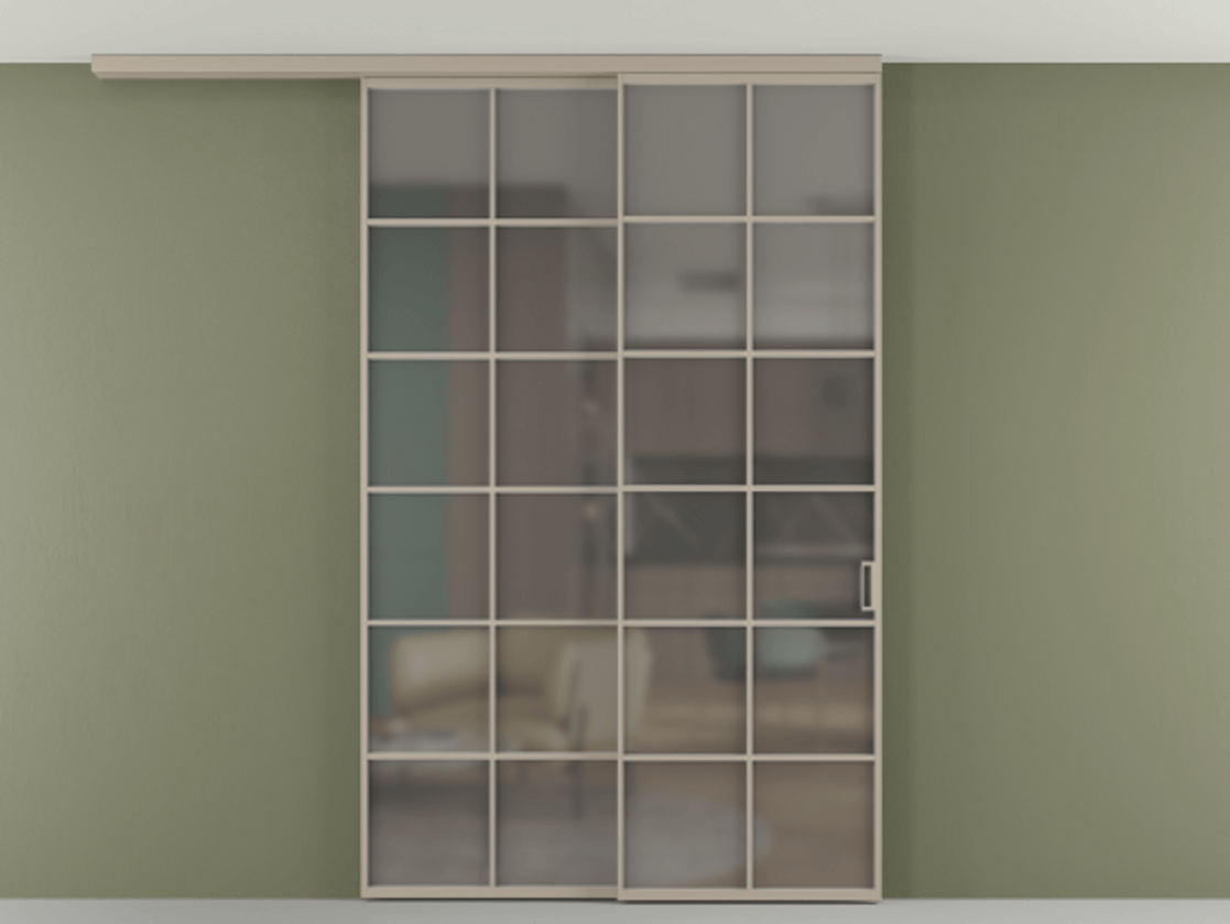 Перегородка Формато вдоль стены на потолок 2 створки с синхронным механизмом АЛПР 040.05 Алюминий бисквитный Сатинированное серое стекло, триплекс Цена 2205282 ₸ | Volhovec