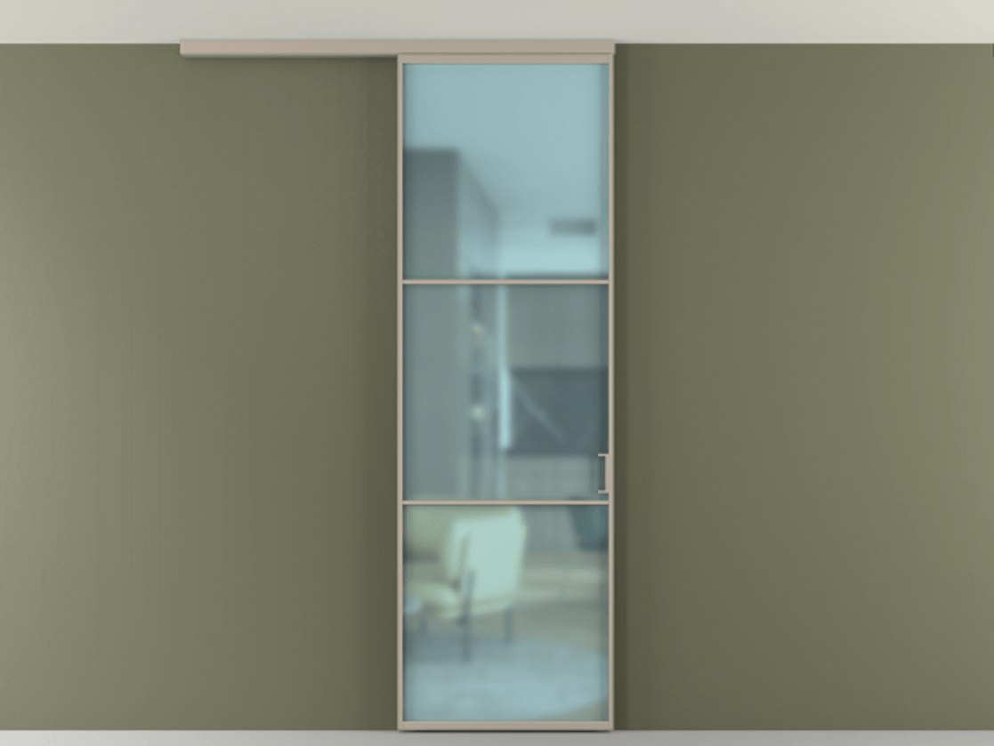 Перегородка Формато вдоль стены на потолок 1 створка АЛПР 040.03 Алюминий бисквитный Сатинированное голубое стекло, триплекс Цена 763469 ₸ | Volhovec