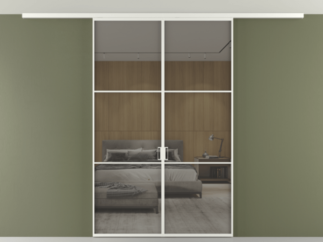 Перегородка Формато вдоль стены на потолок 2 створки АЛПР 040.03 Алюминий светло-серый Рефлективное серое стекло "Стопсол", калёное Цена 1844035 ₸ | Volhovec