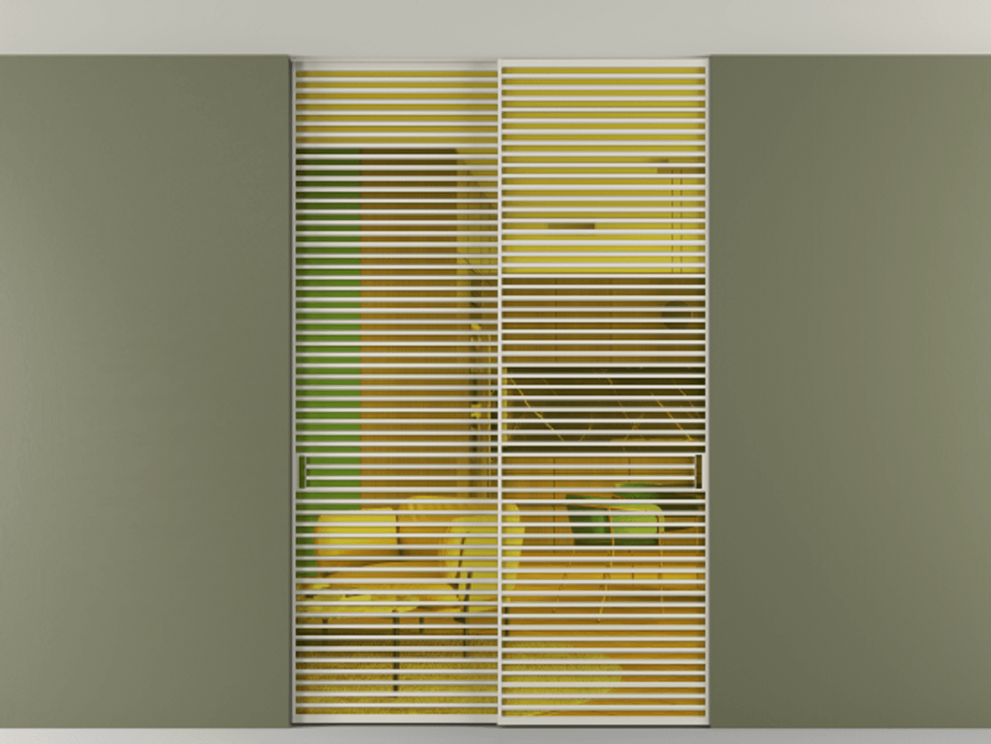 Перегородка Formato внутри проёма скрытое крепление в потолок 2 створки АЛПР 040.07 Алюминий облачно-серый Прозрачное жёлтое стекло, триплекс Цена 3098957 ₸ | Volhovec