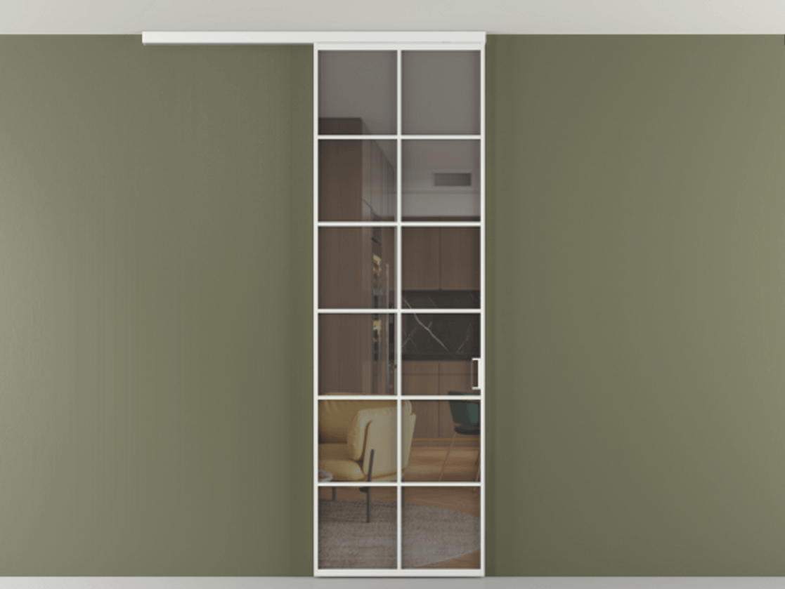 Перегородка Формато вдоль стены на потолок 1 створка АЛПР 040.05 Алюминий белоснежный Прозрачное серое стекло, триплекс Цена 780895 ₸ | Volhovec