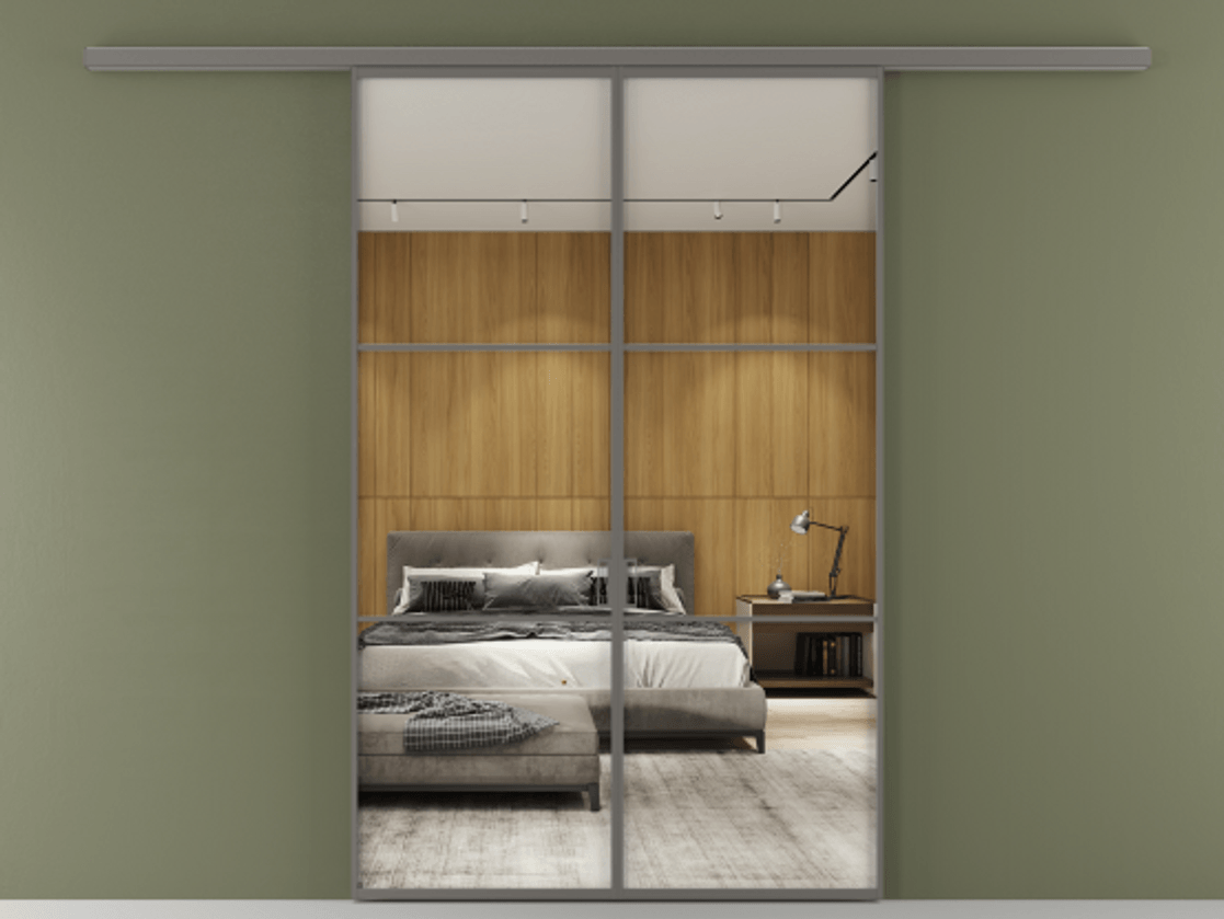 Перегородка Формато вдоль стены 2 створки АЛПР 040.03 Алюминий классический серый Двустороннее зеркало, триплекс , триплекс 6 мм Цена 1477602 ₸ | Volhovec