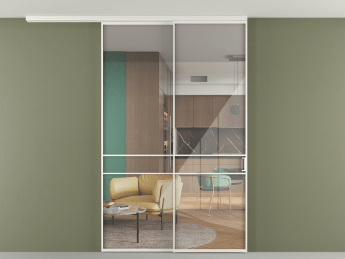 Перегородка Формато вдоль стены на потолок 2 створки с синхронным механизмом АЛПР 040.02 Алюминий светло-серый Рефлективное прозрачное стекло "Стопсол", калёное Цена 2472271 ₸ | Volhovec