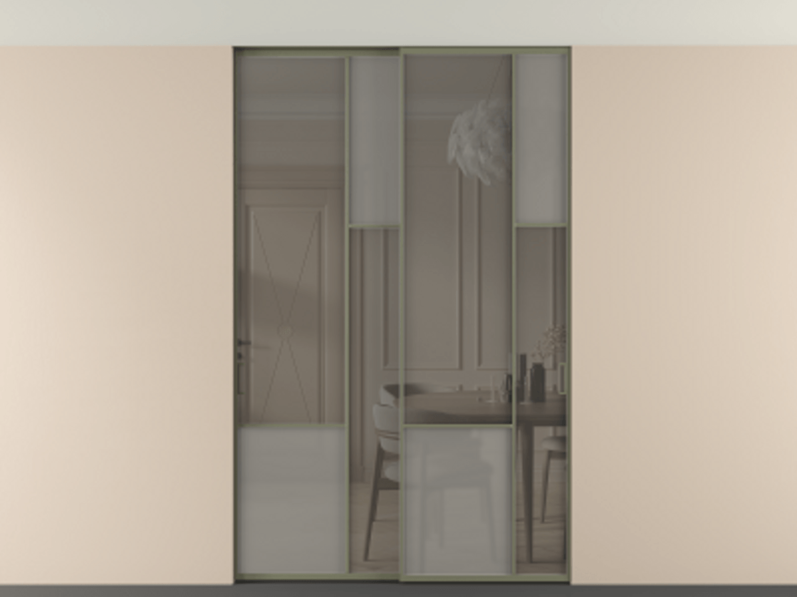 Перегородка Мозаик внутри проёма скрытое крепление в потолок 2 створки АЛПР 041.12 Алюминий оливковый тёмный Сатинированное серое стекло, триплекс, 6 мм + Прозрачное серое стекло, триплекс Цена 2453825 ₸ | Volhovec