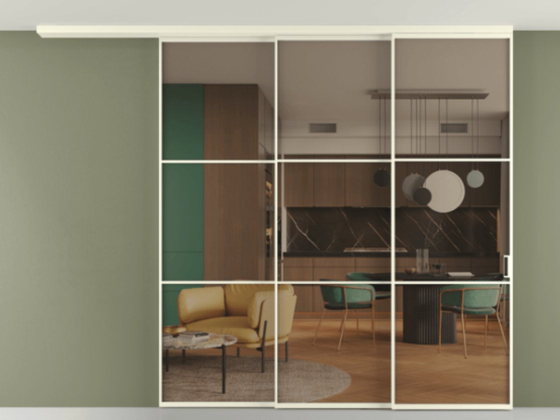 Перегородка Формато вдоль стены на потолок 3 створки с синхронным механизмом АЛПР 040.03 Алюминий молочно-белый Прозрачное бронзовое стекло, триплекс Цена 3371231 ₸ | Volhovec