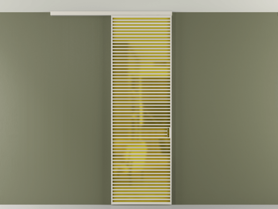 Перегородка Формато вдоль стены на потолок 1 створка АЛПР 040.07 Алюминий облачно-серый Сатинированное жёлтое стекло, триплекс Цена 1343469 ₸ | Volhovec