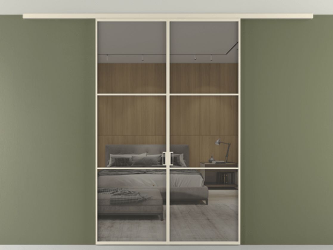 Перегородка Формато вдоль стены на потолок 2 створки АЛПР 040.03 Алюминий бежево-серый Рефлективное серое стекло "Стопсол", калёное Цена 1570031 ₸ | Volhovec