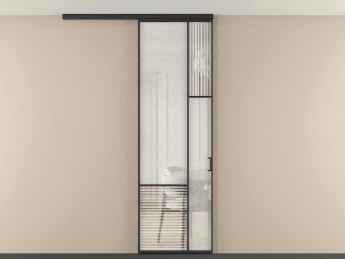 Перегородка Мозаик вдоль стены на потолок 1 створка АЛПР 041.12 Алюминий Черный Рифлёное стекло "Дюна", триплекс, 6 мм + Фактурное стекло "Лёд", триплекс Цена 1039954 ₸ | Volhovec