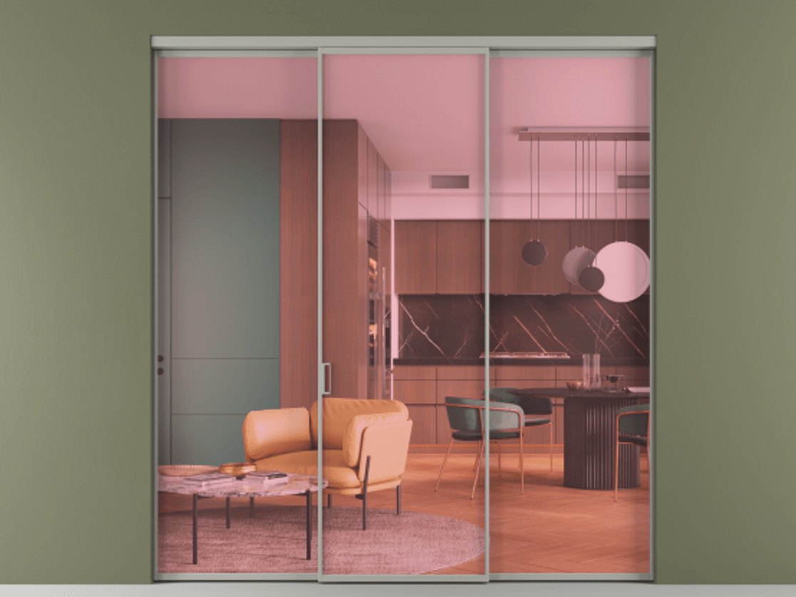 Перегородка Formato внутри проёма 3 створки АЛПР 040.01 Алюминий нейтральный серый Прозрачное розовое стекло, триплекс Цена 1470000 ₸ | Volhovec