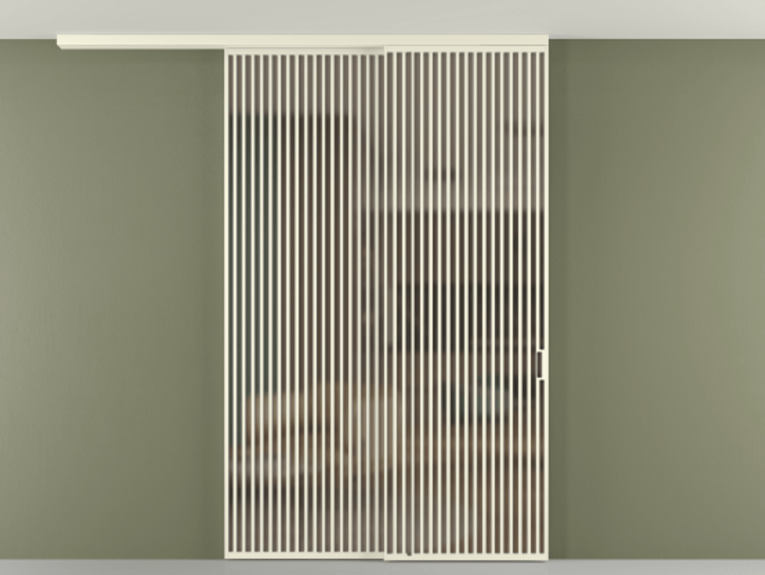 Перегородка Формато вдоль стены на потолок 2 створки с синхронным механизмом АЛПР 040.06 Алюминий молочно-белый Сатинированное бронзовое стекло, триплекс Цена 3405447 ₸ | Volhovec