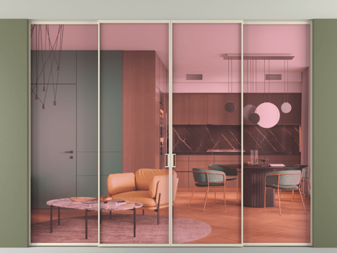 Перегородка Formato внутри проёма скрытое крепление в потолок 4 створки АЛПР 040.01 Алюминий бежево-серый Прозрачное розовое стекло, триплекс Цена 3116100 ₸ | Volhovec