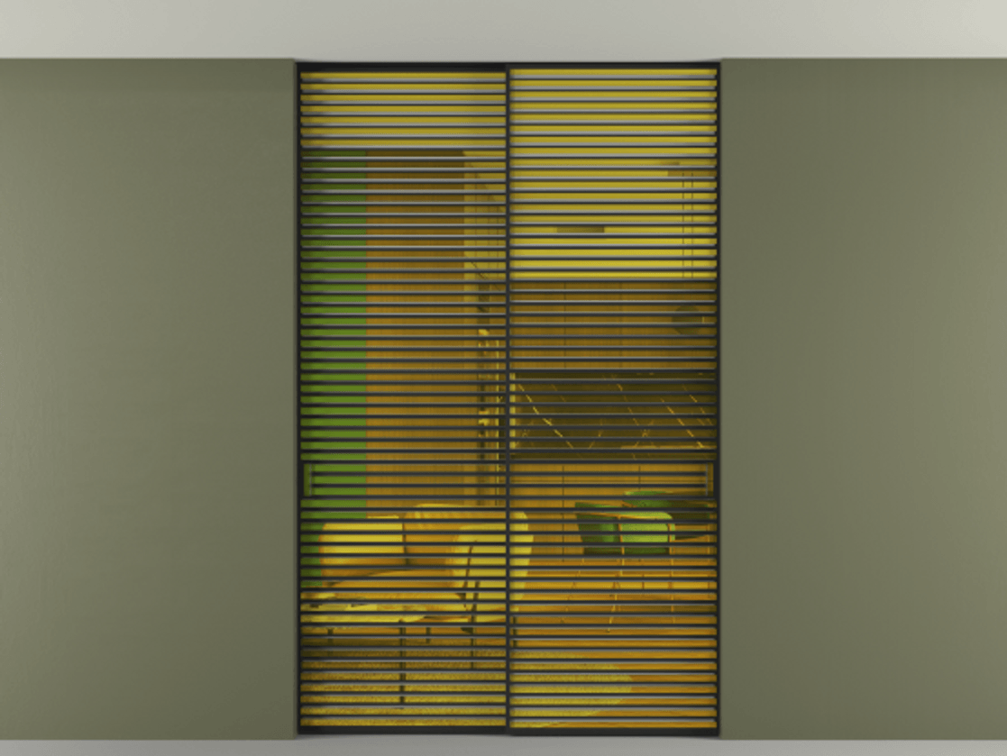 Перегородка Formato внутри проёма скрытое крепление в потолок 2 створки АЛПР 040.07 Алюминий Черный Прозрачное жёлтое стекло, триплекс Цена 2995423 ₸ | Volhovec