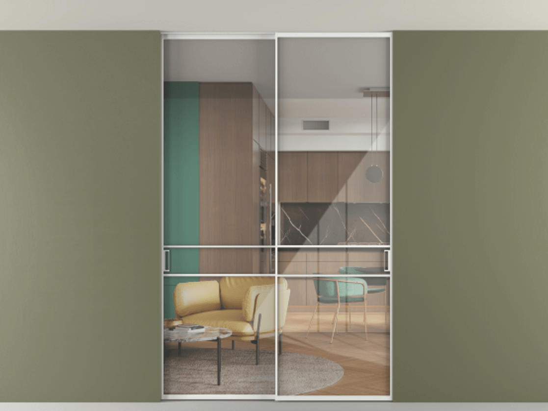 Перегородка Формато внутри проёма скрытое крепление в потолок 2 створки АЛПР 040.02 Алюминий белоснежный Рефлективное прозрачное стекло "Стопсол", калёное Цена 2309731 ₸ | Volhovec