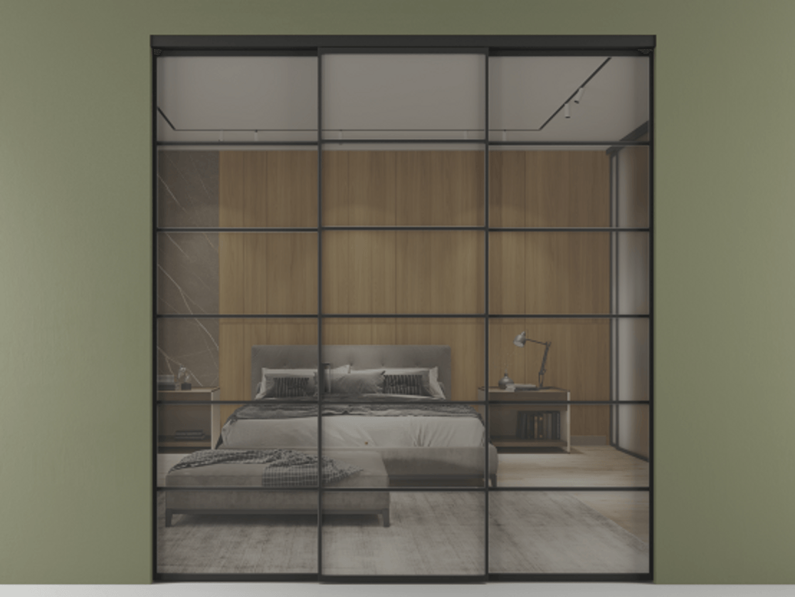 Перегородка Formato внутри проёма 3 створки АЛПР 040.04 Алюминий Черный Рефлективное серое стекло "Stopsol", калёное Цена 2478168 ₸ | Volhovec