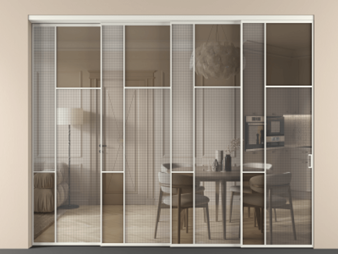 Перегородка Mosaic внутри проема телескопик синхро-4 АЛПР 041.11 Алюминий серый Mesh silver + Бронза прозрачное триплекс Цена 3435620 ₸ | Volhovec
