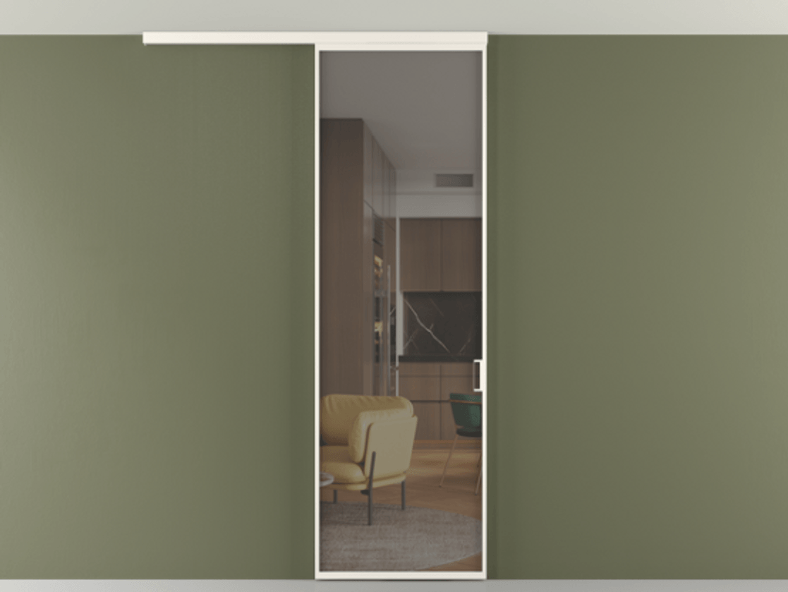 Перегородка Формато вдоль стены на потолок 1 створка АЛПР 040.01 Алюминий пудровый белый Прозрачное серое стекло, триплекс Цена 698567 ₸ | Volhovec