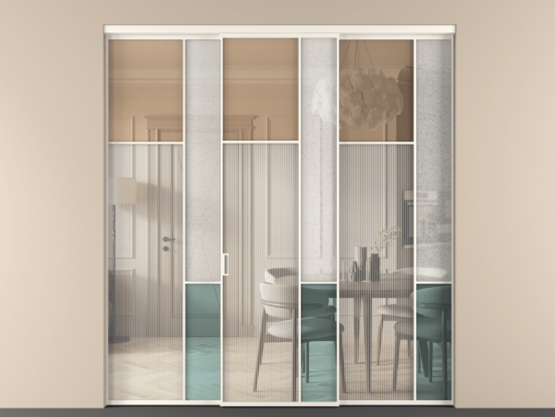 Перегородка Mosaic внутри проёма трёхстворчатая АЛПР 041.10 Алюминий пудровый белый Комбинация стекол Группы 1 и Группы 3 Цена 2242600 ₸ | Volhovec