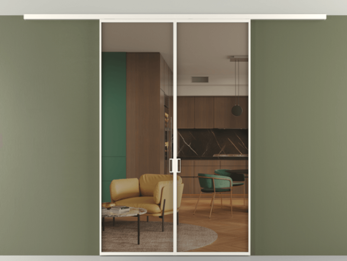 Перегородка Формато вдоль стены на потолок 2 створки АЛПР 040.01 Алюминий пудровый белый Прозрачное бронзовое стекло, триплекс Цена 1633262 ₸ | Volhovec