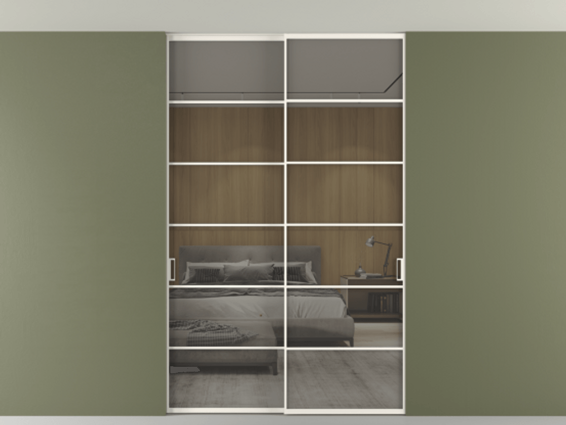 Перегородка Formato внутри проёма скрытое крепление в потолок 2 створки АЛПР 040.04 Алюминий пудровый белый Рефлективное серое стекло "Stopsol", калёное Цена 2439461 ₸ | Volhovec