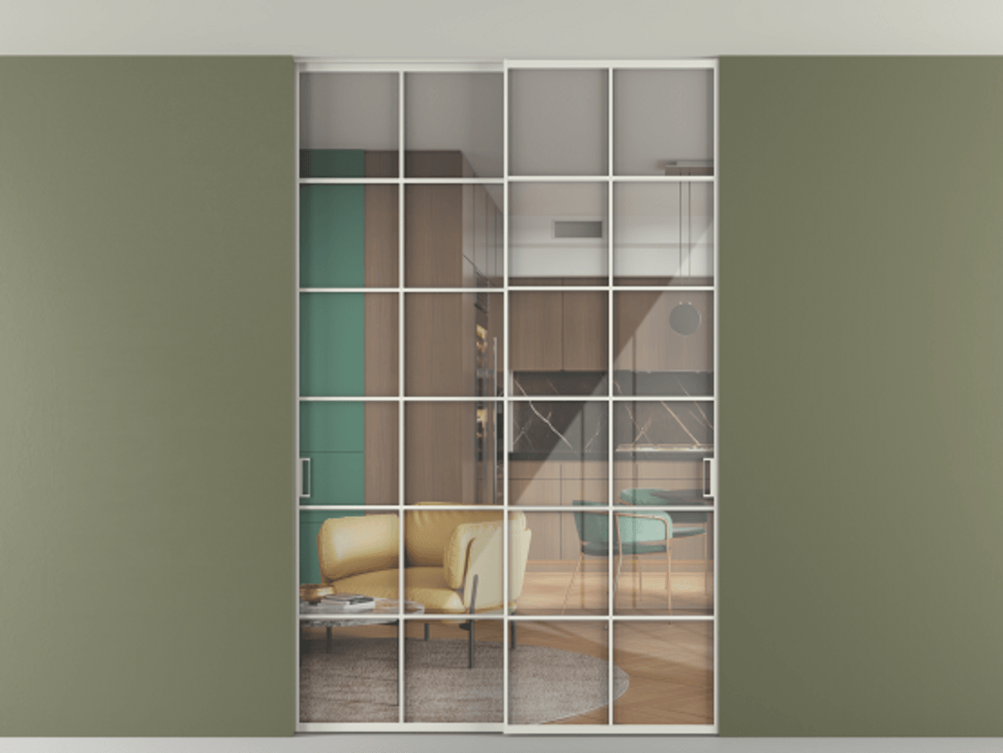 Перегородка Formato внутри проёма скрытое крепление в потолок 2 створки АЛПР 040.05 Алюминий серый Рефлективное прозрачное стекло "Stopsol", калёное Цена 2439461 ₸ | Volhovec