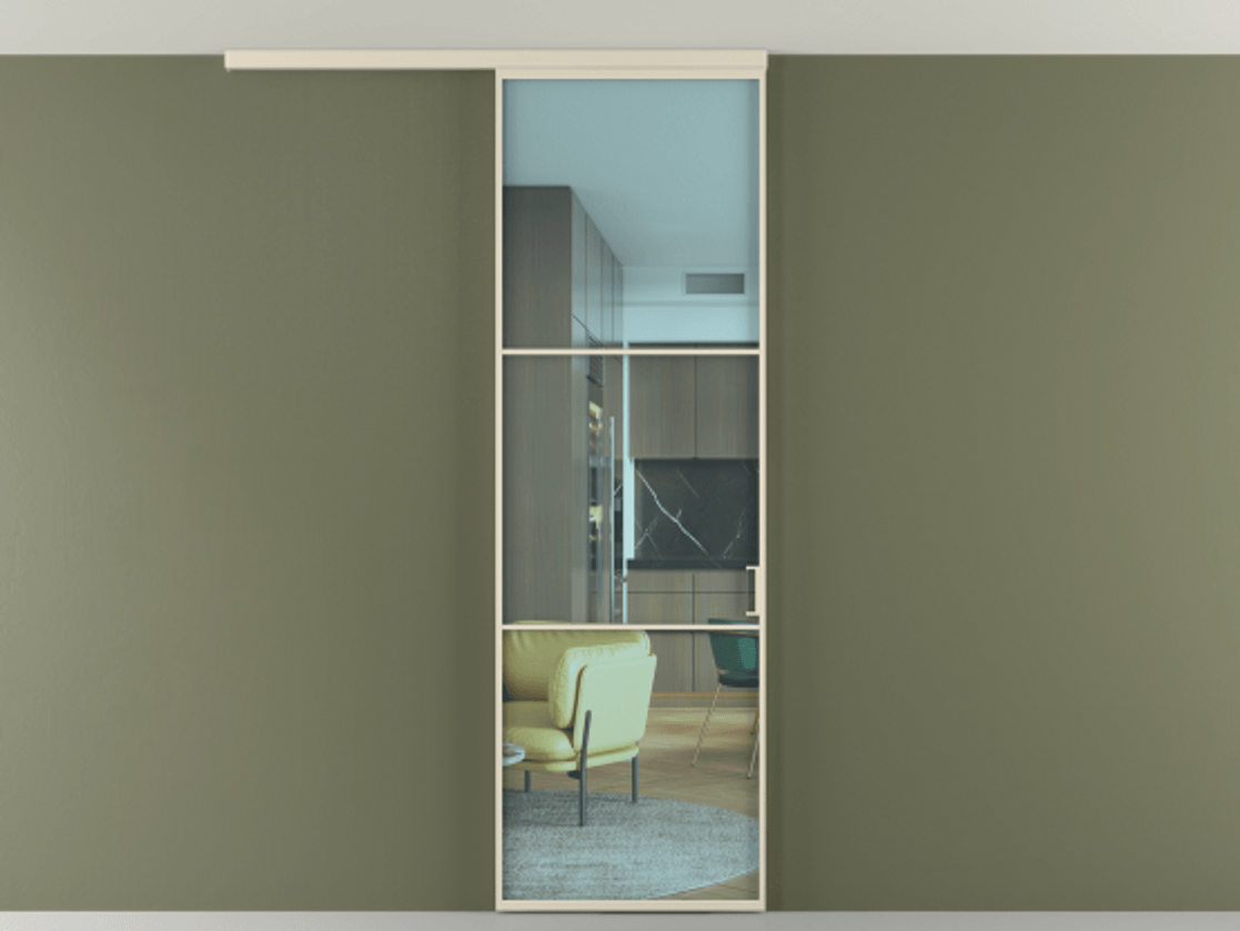 Перегородка Formato вдоль стены на потолок 1 створка АЛПР 040.03 Алюминий бежево-серый Прозрачное голубое стекло, триплекс Цена 630200 ₸ | Volhovec