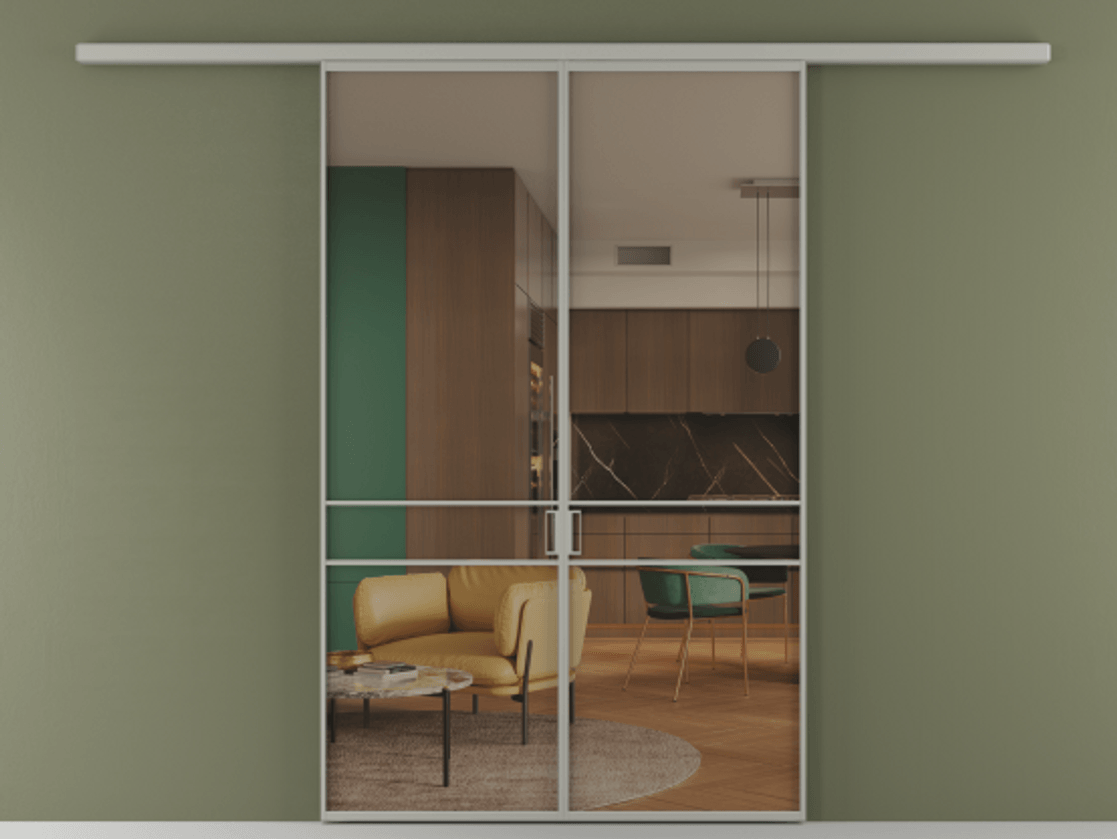 Перегородка Формато вдоль стены 2 створки АЛПР 040.02 Алюминий нейтральный серый Прозрачное бронзовое стекло, триплекс Цена 1477602 ₸ | Volhovec