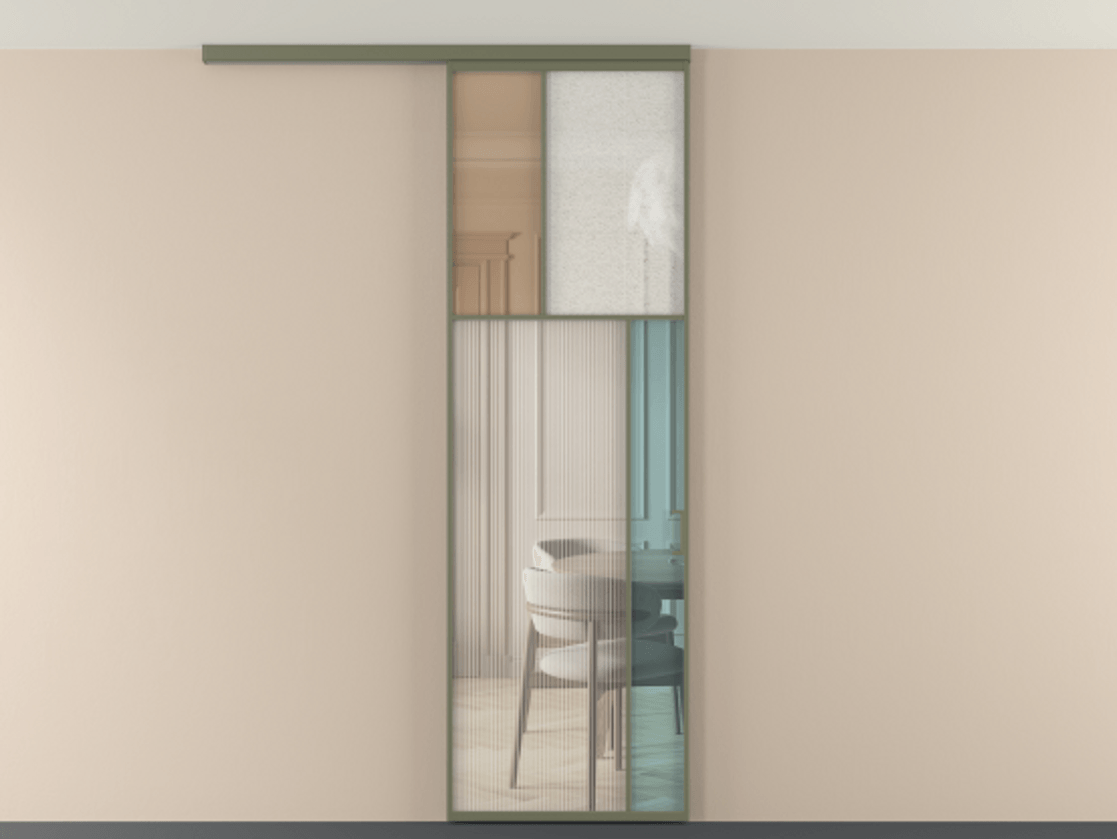 Перегородка Mosaic вдоль стены на потолок 1 створка АЛПР 041.23 Алюминий оливковый тёмный Комбинация стекол Группы 1 и Группы 3 Цена 880100 ₸ | Volhovec