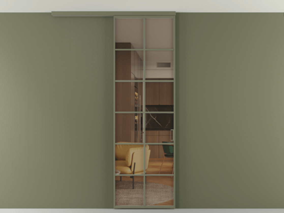 Перегородка Формато вдоль стены на потолок 1 створка АЛПР 040.05 Алюминий оливковый тёмный Прозрачное бронзовое стекло, триплекс Цена 815361 ₸ | Volhovec