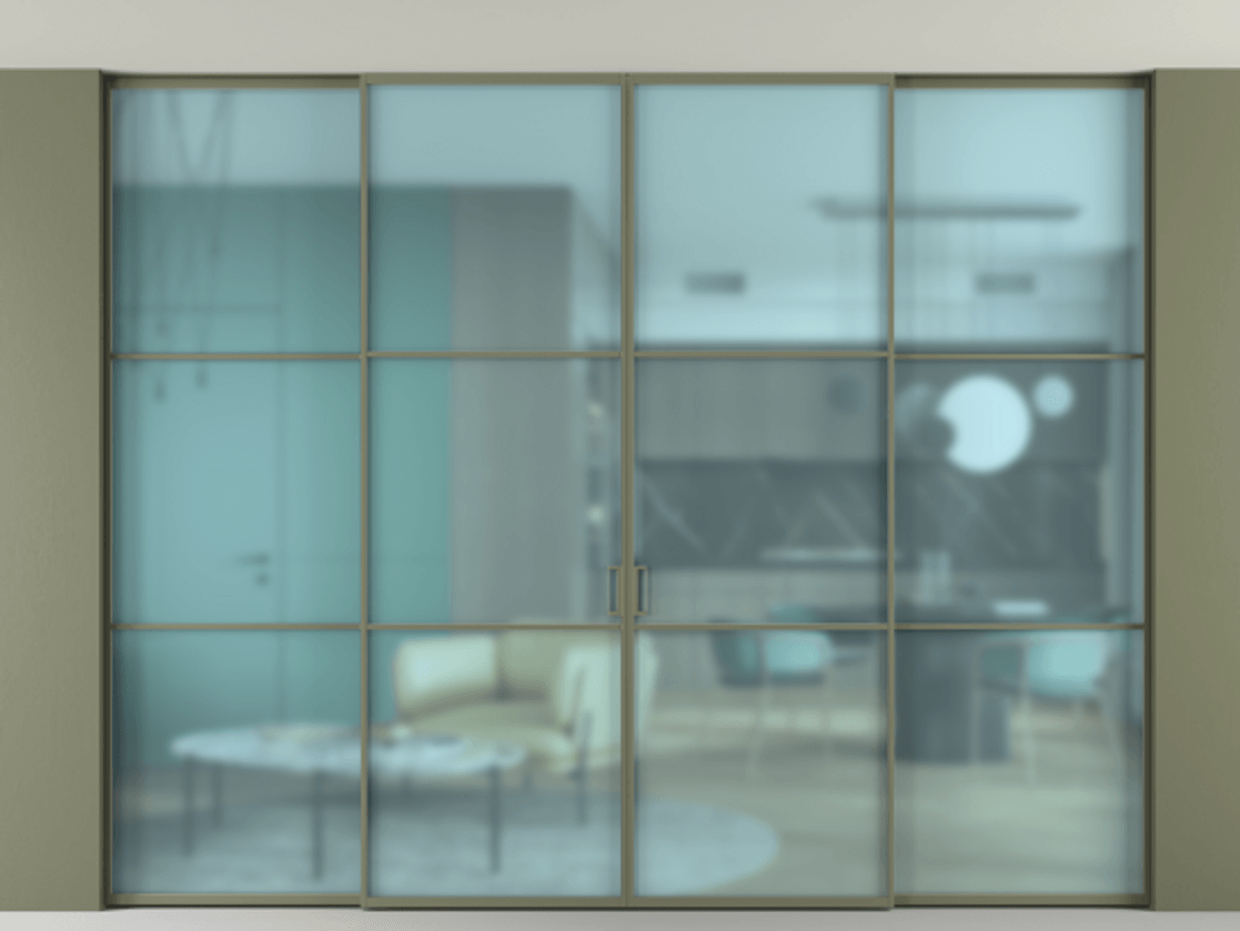 Перегородка Formato внутри проёма скрытое крепление в потолок 4 створки АЛПР 040.03 Алюминий оливковый тёмный Сатинированное голубое стекло, триплекс Цена 2852000 ₸ | Volhovec