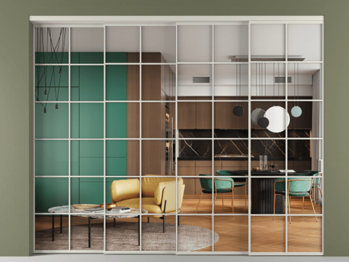 Перегородка Formato внутри проёма 4 створки с синхронным механизмом АЛПР 040.05 Алюминий тёплый серый Прозрачное стекло "Кристал Вижн", калёное Цена 4437720 ₸ | Volhovec