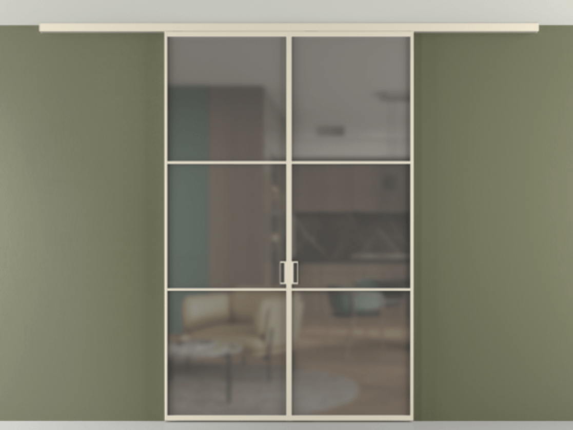 Перегородка Формато вдоль стены на потолок 2 створки АЛПР 040.03 Алюминий бежево-серый Сатинированное серое стекло, триплекс Цена 1410809 ₸ | Volhovec