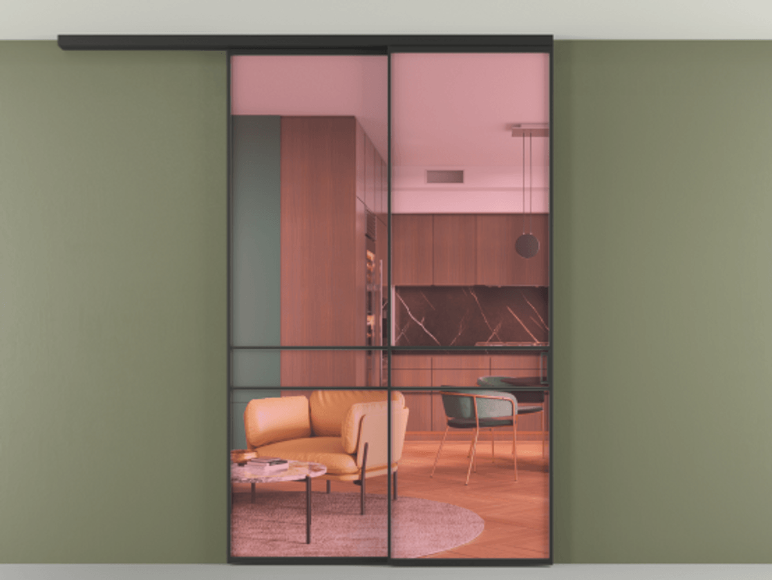 Перегородка Formato вдоль стены на потолок 2 створки с синхронным механизмом АЛПР 040.02 Алюминий Черный Прозрачное розовое стекло, триплекс Цена 1651400 ₸ | Volhovec