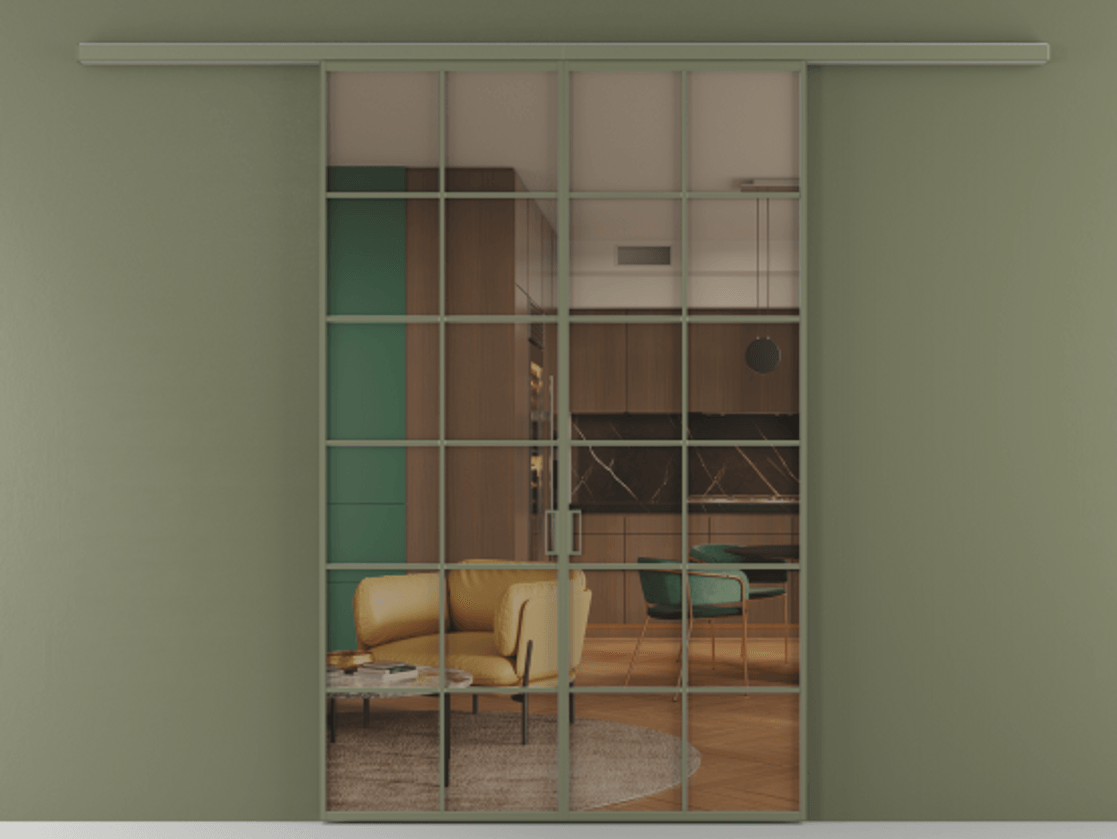 Перегородка Формато вдоль стены 2 створки АЛПР 040.05 Алюминий оливковый тёмный Прозрачное бронзовое стекло, триплекс Цена 1566054 ₸ | Volhovec