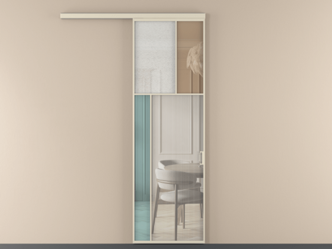 Перегородка Mosaic вдоль стены 1 створка АЛПР 041.22 Алюминий бежево-серый Комбинация стекол Группы 1 и Группы 3 Цена 892500 ₸ | Volhovec