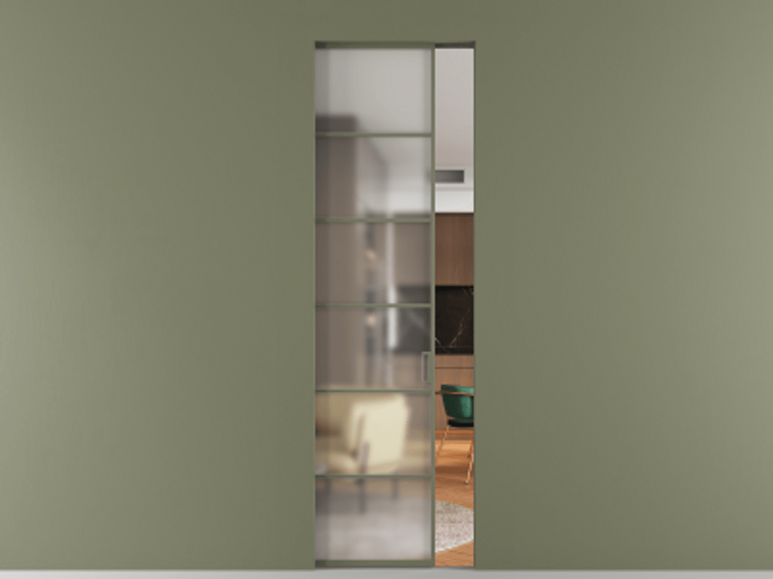 Перегородка Формато скрытый пенал 1 створка АЛПР 040.04 Алюминий оливковый тёмный Сатинированное стекло "Мателюкс Кристал Вижн", калёное, матовое, каленое 6 мм Цена 1270231 ₸ | Volhovec