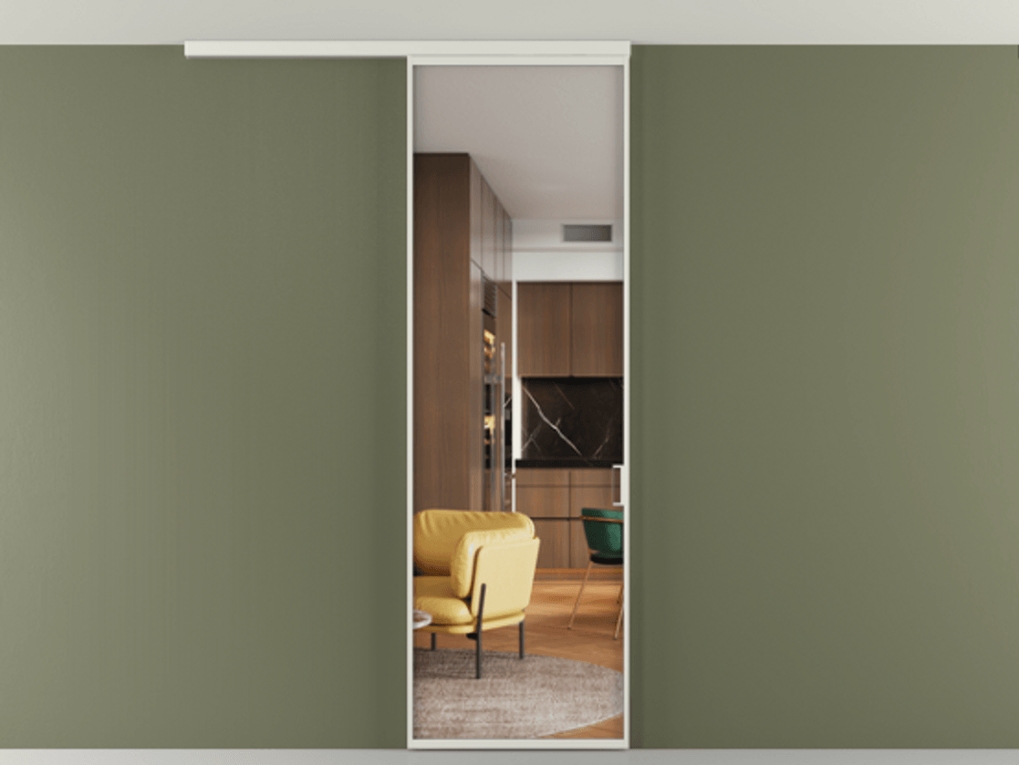 Перегородка Формато вдоль стены на потолок 1 створка АЛПР 040.01 Алюминий серый Прозрачное стекло "Кристал Вижн", калёное Цена 903949 ₸ | Volhovec