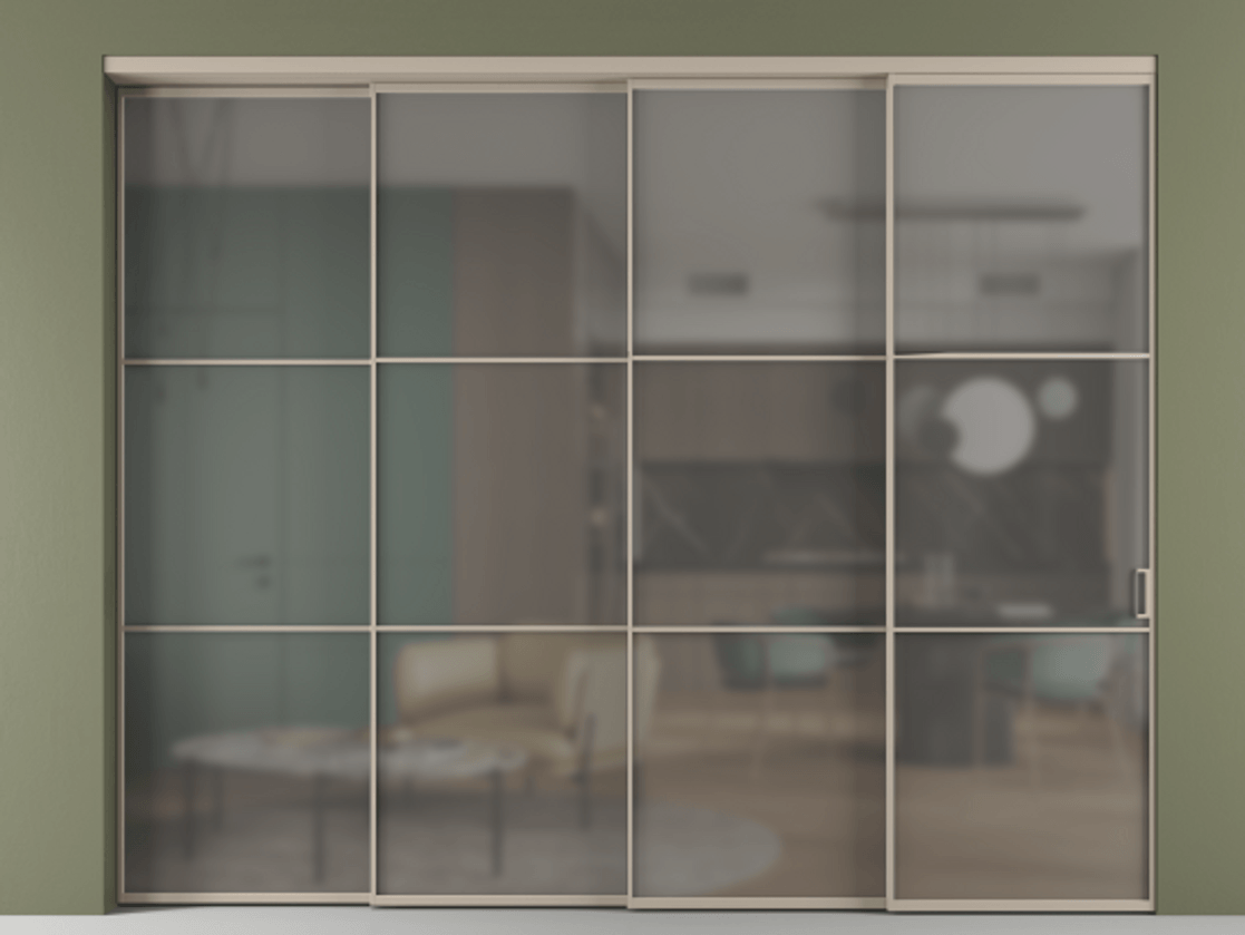 Перегородка Формато внутри проёма 4 створки с синхронным механизмом АЛПР 040.03 Алюминий бисквитный Сатинированное серое стекло, триплекс Цена 3649514 ₸ | Volhovec