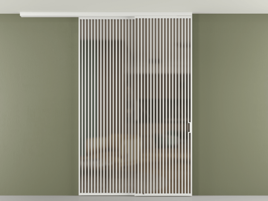 Перегородка Формато вдоль стены на потолок 2 створки с синхронным механизмом АЛПР 040.06 Алюминий белоснежный Сатинированное бронзовое стекло, триплекс Цена 3405447 ₸ | Volhovec