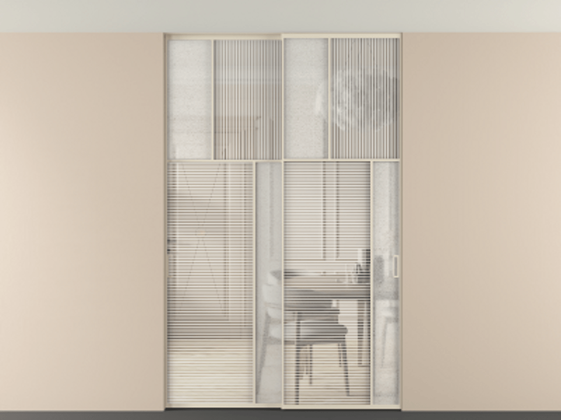 Перегородка Мозаик внутри проёма скрытое крепление в потолок 2 створки АЛПР 041.23 Алюминий бежево-серый Рифлёное стекло "Дюна", триплекс, 6 мм + Фактурное стекло "Лёд", триплекс. Цена 2574785 ₸ . Фабрика дверей Волховец 8 (800) 551 43 19 Перегородка Мозаик внутри проёма скрытое крепление в потолок 2 створки АЛПР 041.23 Алюминий бежево-серый Рифлёное стекло "Дюна", триплекс, 6 мм + Фактурное стекло "Лёд", триплекс Цена 2574785 ₸ | Volhovec