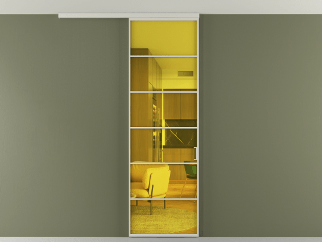 Перегородка Formato вдоль стены на потолок 1 створка АЛПР 040.04 Алюминий тёплый серый Прозрачное жёлтое стекло, триплекс Цена 786800 ₸ | Volhovec