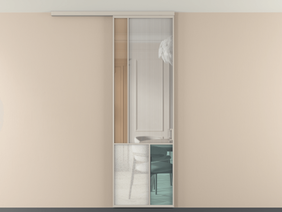 Перегородка Мозаик вдоль стены на потолок 1 створка АЛПР 041.20 Алюминий светло-бежевый Комбинация стекол Группы 1 и Группы 3 Цена 1066262 ₸ | Volhovec