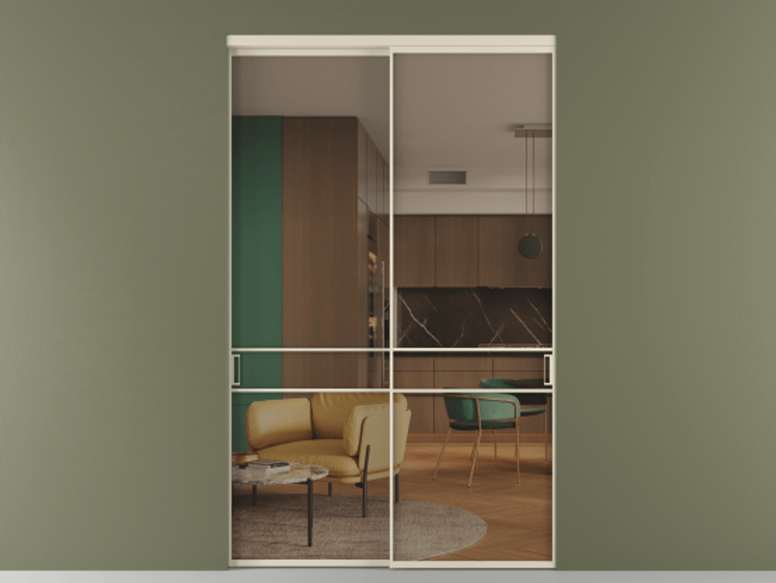 Перегородка Формато внутри проёма 2 створки АЛПР 040.02 Алюминий бежево-серый Прозрачное бронзовое стекло, триплекс Цена 3211110 ₸  | Volhovec